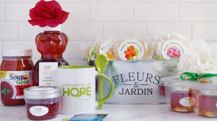 A Spoon Full of Hope Mother's Day gift ideas, including classic shortbread cookies, local honey and tomato basil soup arranged in gift baskets.